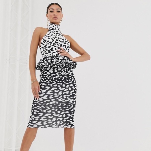 Mono smudge print mix halter bubble waist midi dress - Picture 2 of 5